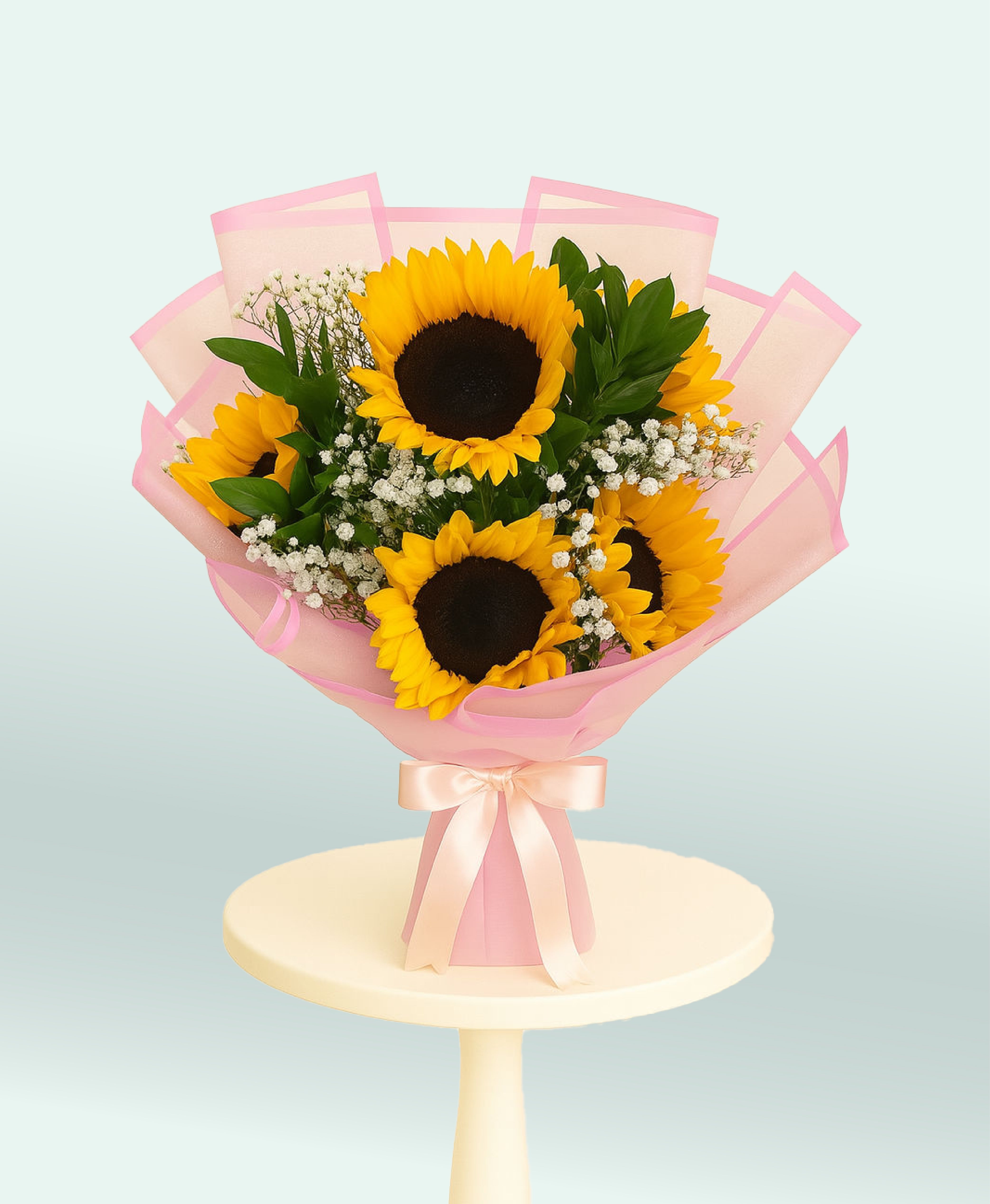 Blushing Radiance – Sunflowers with Gypsophila & Ruscus